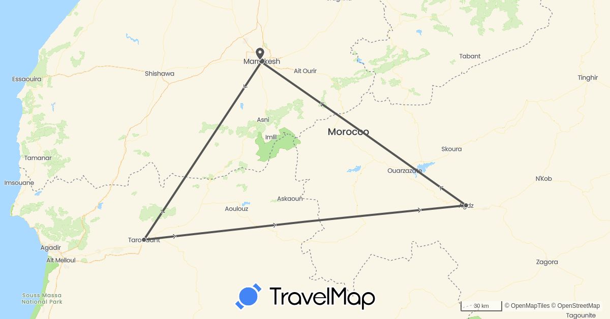 TravelMap itinerary: driving, motorbike in Morocco (Africa)